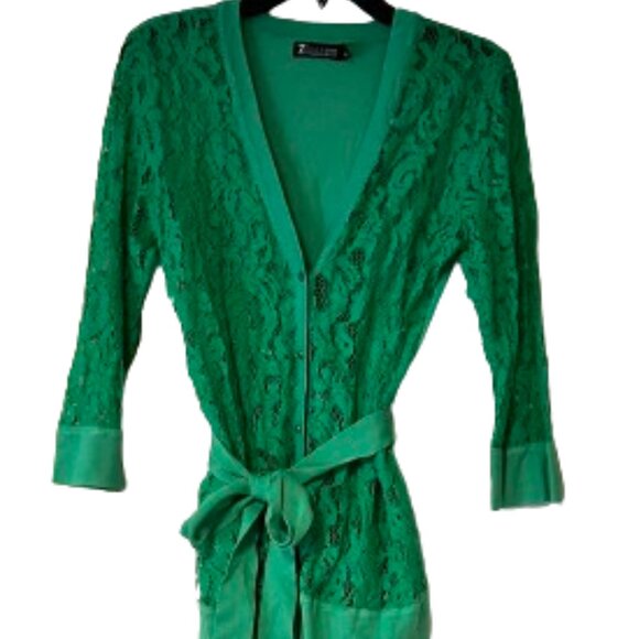 New York & Co Green Lace Cardigan with Tie Waist - Medium - Picture 1 of 5